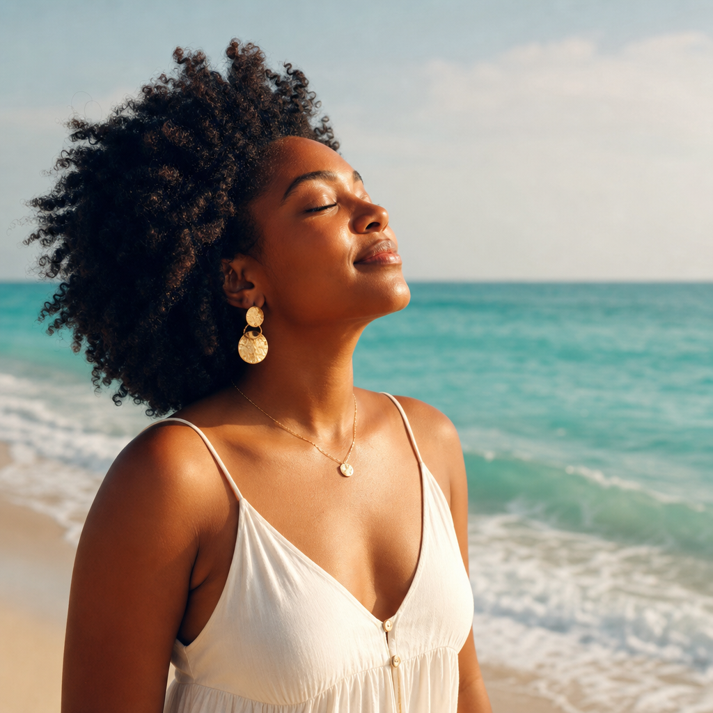 A Black woman relaxing peacefully by the ocean